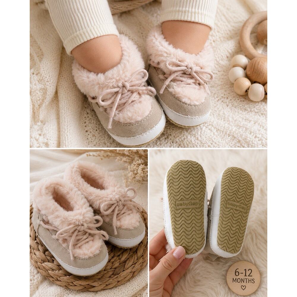 Baby Gap Faux Fur Moccasin Slippers 6-12M Pink Beige Soft Sole Shoes